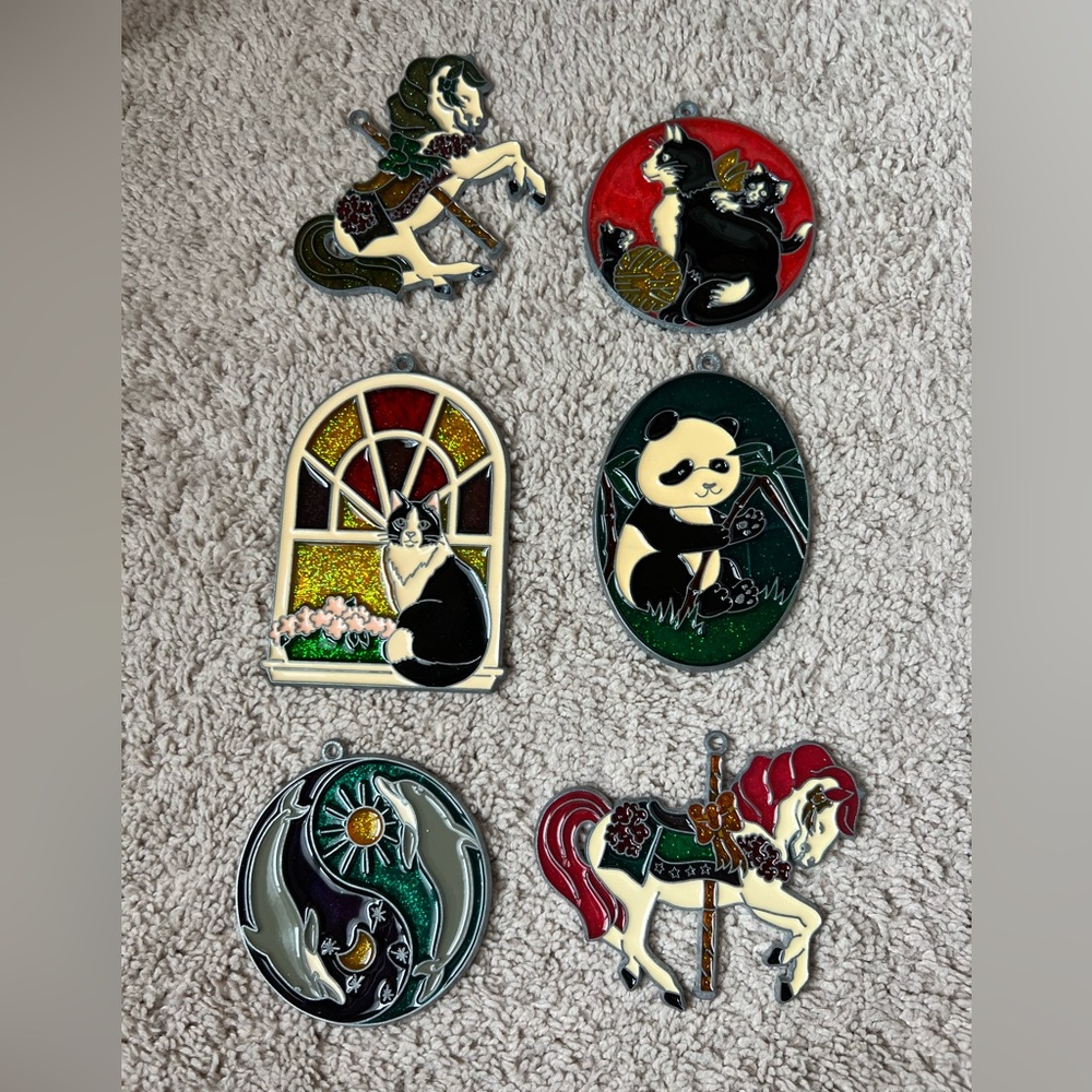 Set of 6) Vintage Stained Glass Window Hangings/Ornaments/ Suncatcher